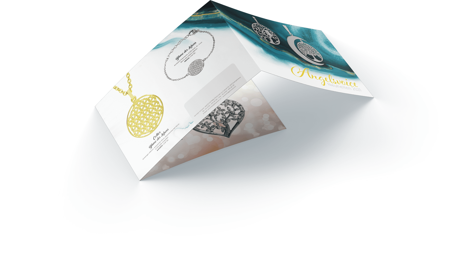 Wickelfalz-Flyer von Webboxes für Angelsvoice Produktneuheiten