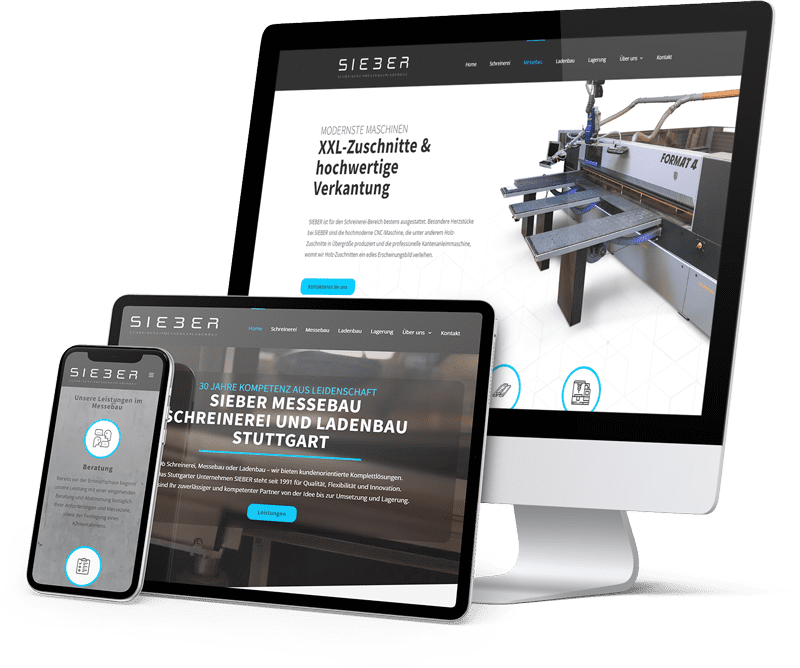 Eine Website von Webboxes auf verschiedenen Geräten für das Unternehmen Sieber Messebau